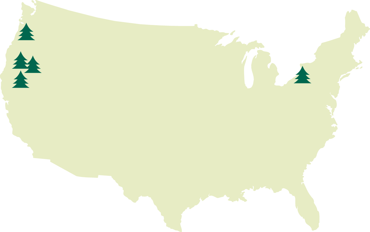 Collins facility location map, wood manufacturing in the United States, sustainable sawmills