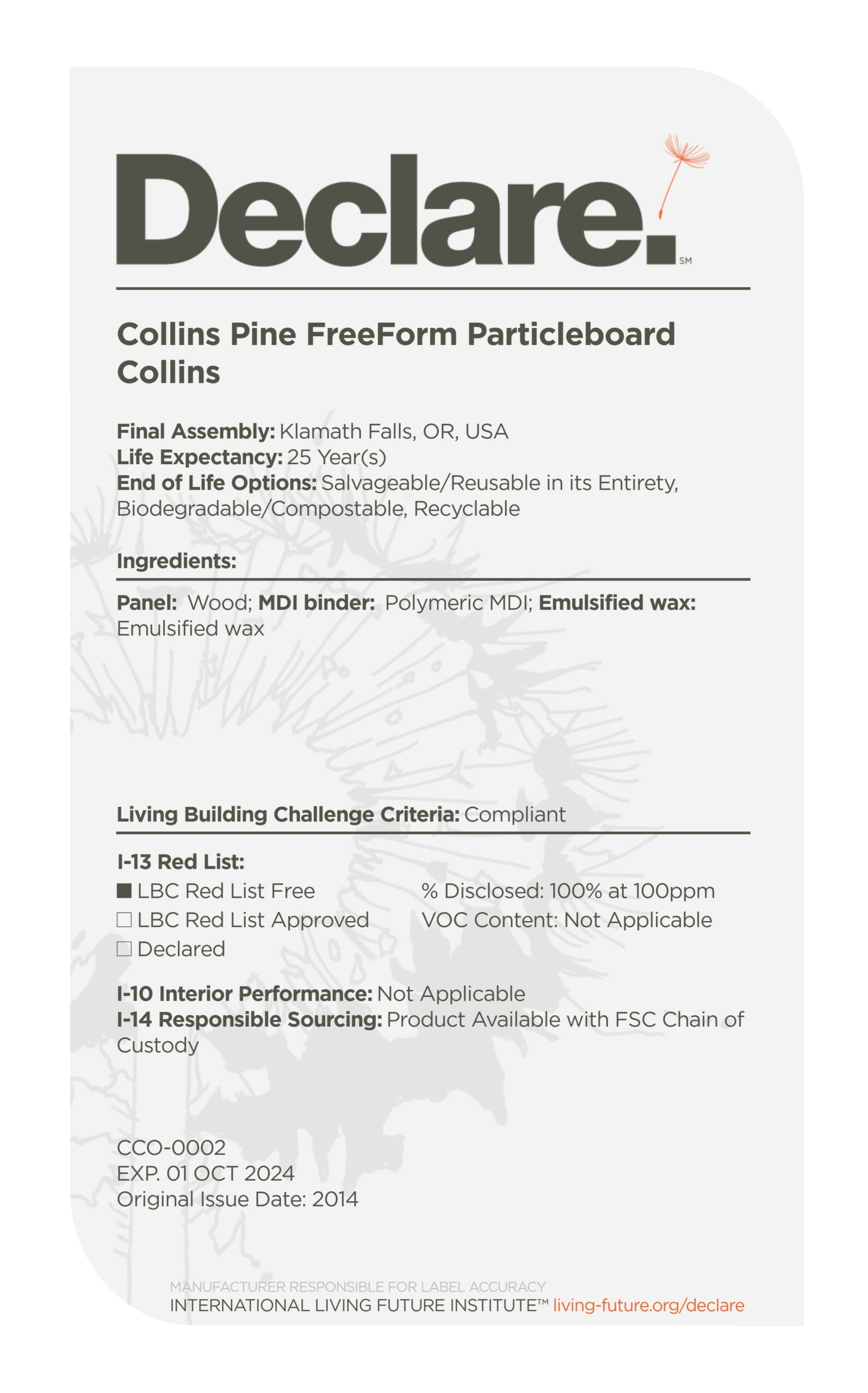 Declare product label - Collins Pine FreeForm Particleboard